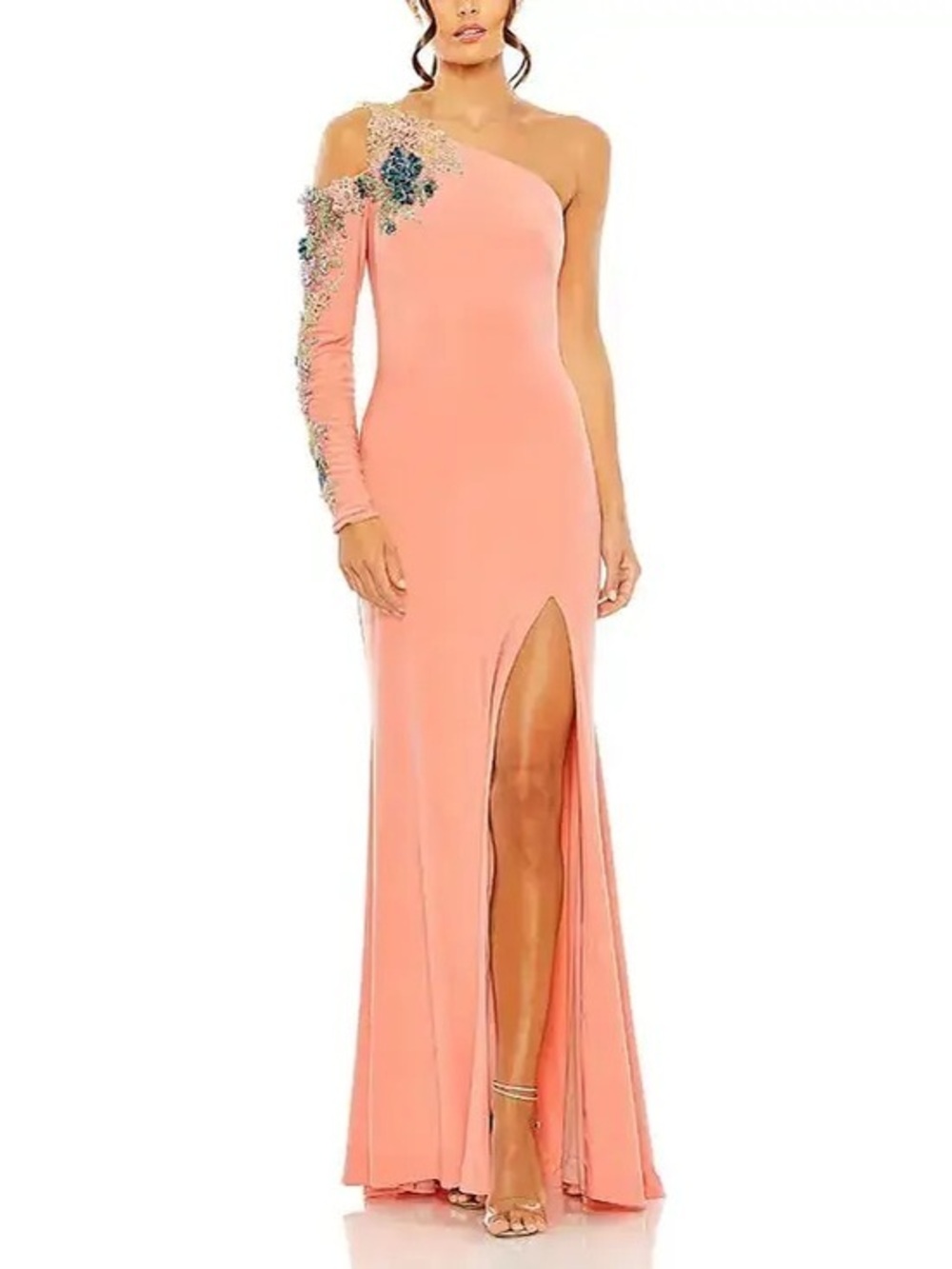 Mac Duggal One Shoulder Long Sleeve Floral Embellished Gown Size 4 $598